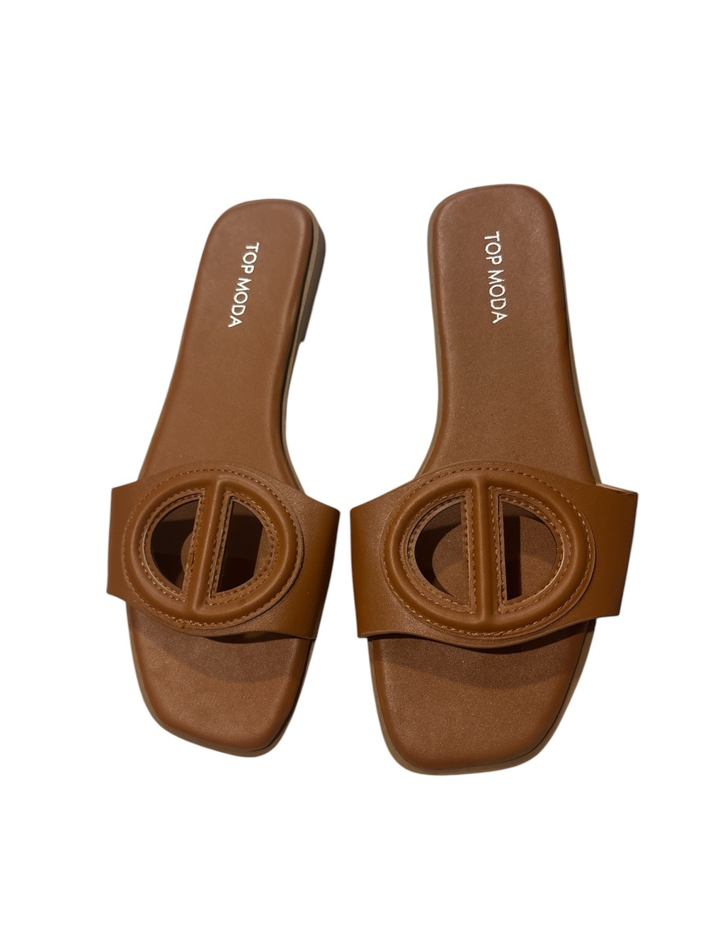 TOP Moda Tan Brown Slide Sandals with Circular Cutout Strap